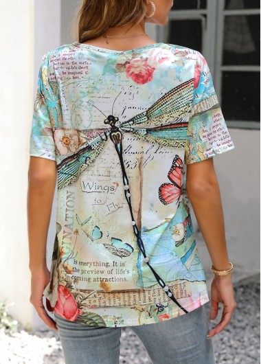Green tops,Animal Print tops,Dragonfly Print Short Sleeve Green T Shirt