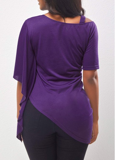 Purple tops,Plain Color tops,ROTITA Cold Shoulder Asymmetric Hem Violet Blouse