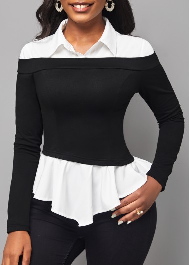 Black tops,Contrast Color tops,ROTITA Faux Two Piece Black Long Sleeve Blouse