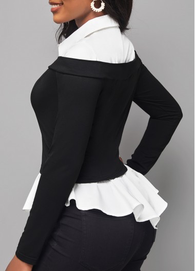 Black tops,Contrast Color tops,ROTITA Faux Two Piece Black Long Sleeve Blouse