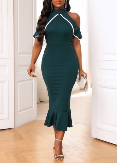 Turquoise dresses,Plain Color dresses,Contrast Turquoise Cold Shoulder Mermaid Dress