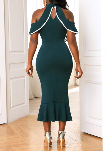 Turquoise dresses,Plain Color dresses,Contrast Turquoise Cold Shoulder Mermaid Dress