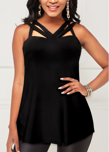 Black tops,Plain Color tops,ROTITA Cross Strap Black Fold Tank Top