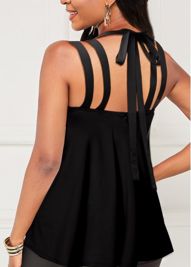 Black tops,Plain Color tops,ROTITA Cross Strap Black Fold Tank Top