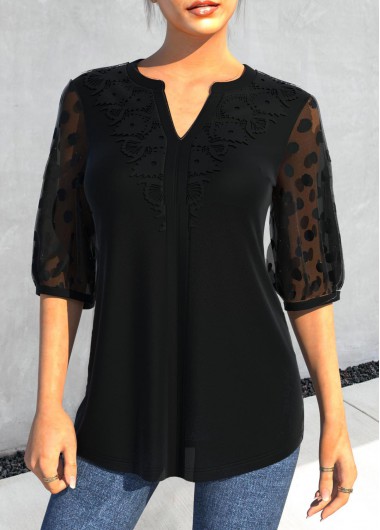 Black tops,Plain Color tops,ROTITA Lace Patchwork Mesh Stitching Black Blouse