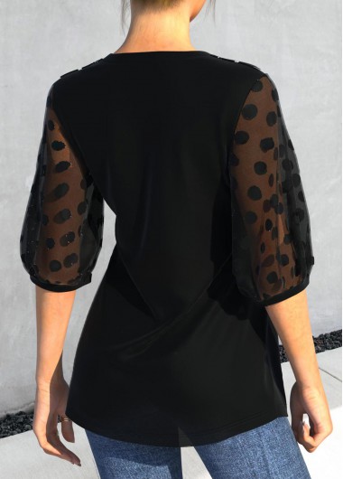Black tops,Plain Color tops,ROTITA Lace Patchwork Mesh Stitching Black Blouse