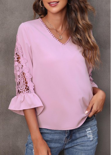 Light Pink tops,Plain Color tops,Lace Stitching Pink Flare Sleeve T Shirt