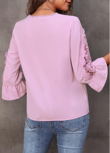 Light Pink tops,Plain Color tops,Lace Stitching Pink Flare Sleeve T Shirt
