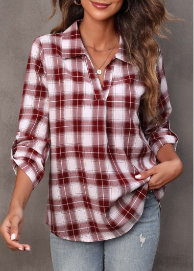Wine Red tops,Plaid tops,Wine Red Turndown Collar Plaid Blouse