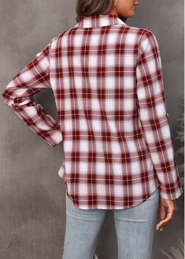 Wine Red tops,Plaid tops,Wine Red Turndown Collar Plaid Blouse