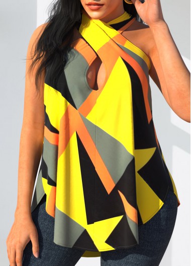 Yellow tops,Geometric tops,ROTITA Geometric Print Cross Halter Yellow Tank Top