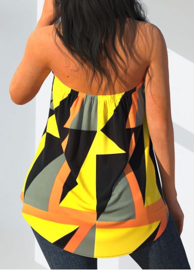 Yellow tops,Geometric tops,ROTITA Geometric Print Cross Halter Yellow Tank Top