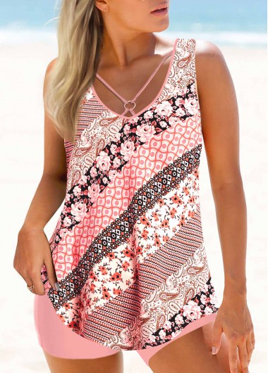Pink swimwear,Floral swimwear,ROTITA Floral Print Pink Cross Strap Tankini Set