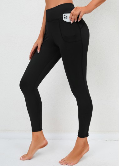 Black bottoms,Plain Color bottoms,Double Side Pockets High Waisted Black Leggings