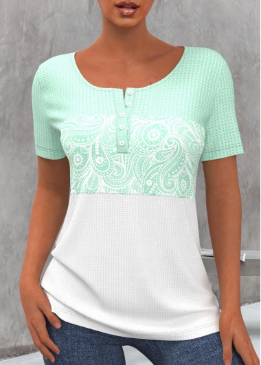 Light Green tops,Paisley tops,ROTITA Waffle Knit Light Green Paisley Print T Shirt