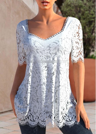 White tops,Plain Color tops,ROTITA White Half Sleeve Lace T Shirt