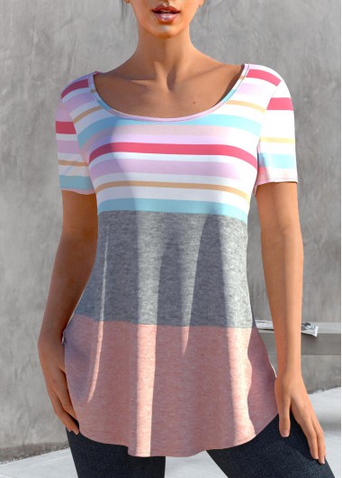 Light Pink tops,Striped tops,ROTITA Light Pink Round Neck Striped T Shirt