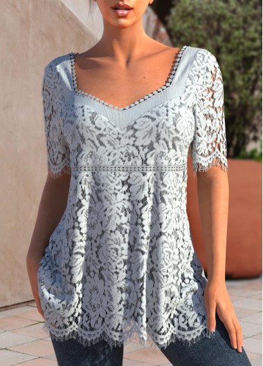 Light Grey tops,Plain Color tops,ROTITA Half Sleeve Lace Light Grey T Shirt