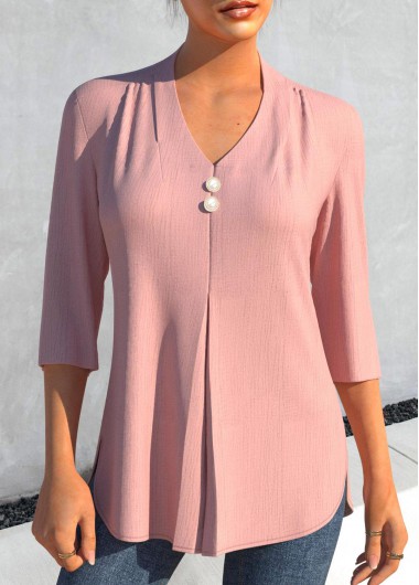Pink tops,Plain Color tops,ROTITA Pink V Neck 3/4 Sleeve Button Detail Blouse
