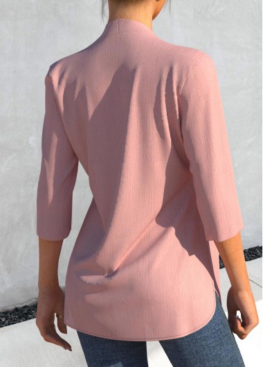 Pink tops,Plain Color tops,ROTITA Pink V Neck 3/4 Sleeve Button Detail Blouse