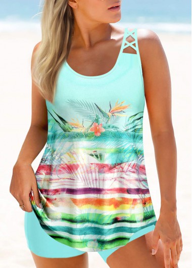 Light Green swimwear,Graphic swimwear,ROTITA Tropical Print Light Green Cross Strap Tankini Top