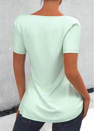 Light Green tops,Plain Color tops,ROTITA Light Green Waffle Knit Chiffon Panel T Shirt