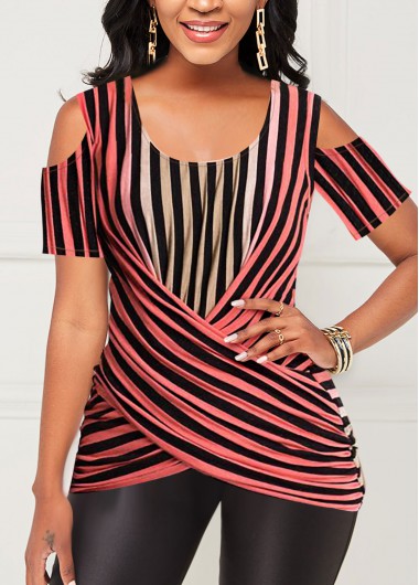 Striped tops,ROTITA Crossover Hem Cold Shoulder Striped T Shirt