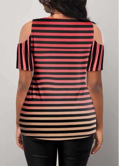 Striped tops,ROTITA Crossover Hem Cold Shoulder Striped T Shirt
