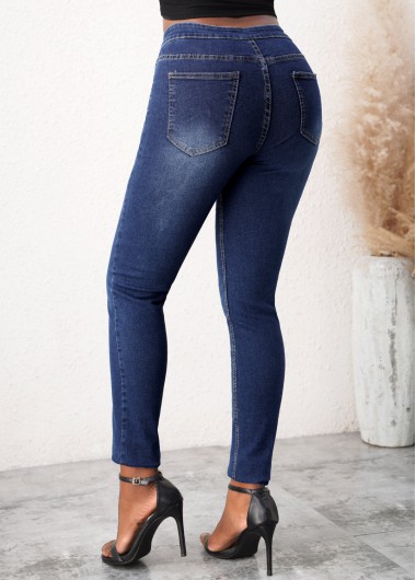 Denim Blue bottoms,Plain Color bottoms,Skinny Mid Waist Denim Blue Jeans