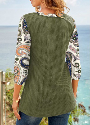 Paisley tops,ROTITA Paisley Print Army Green V Neck 3/4 Sleeve Blouse