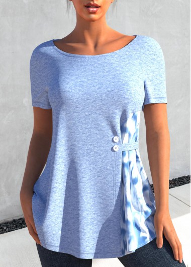 Light Blue tops,Floral tops,ROTITA Round Neck Short Sleeve Light Blue T Shirt