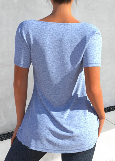 Light Blue tops,Floral tops,ROTITA Round Neck Short Sleeve Light Blue T Shirt