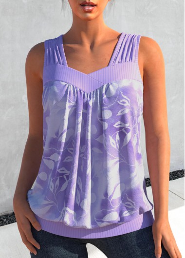 Light Purple tops,Plants tops,ROTITA Leaf Print Light Purple Tank Top