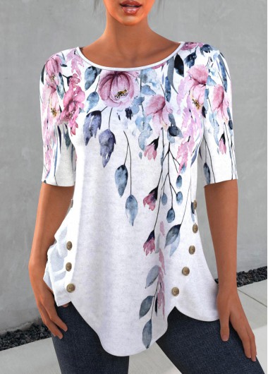 Light Grey tops,Floral tops,ROTITA Decorative Button Petal Hem Floral Print T Shirt