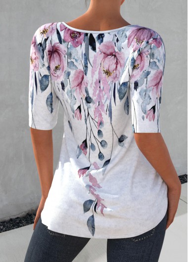 Light Grey tops,Floral tops,ROTITA Decorative Button Petal Hem Floral Print T Shirt