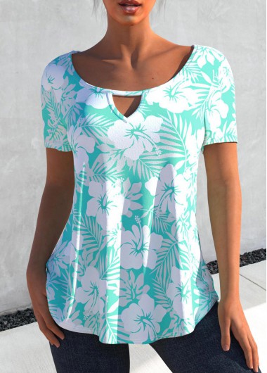 Cyan tops,Floral tops,ROTITA Keyhole Neckline Cyan Floral Print T Shirt