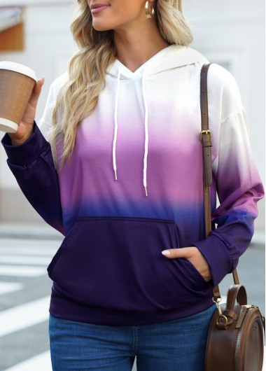 Purple tops,Ombre tops,Pocket Ombre Purple Long Sleeve Hoodie