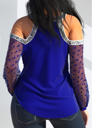 Dark Blue tops,Dot tops,ROTITA Mesh Stitching Cold Shoulder Dark Blue Blouse