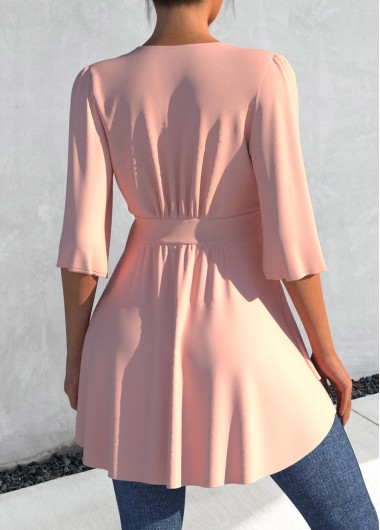 Light Pink tops,Plain Color tops,ROTITA Layered Asymmetric Hem Tie Side Light Pink Blouse