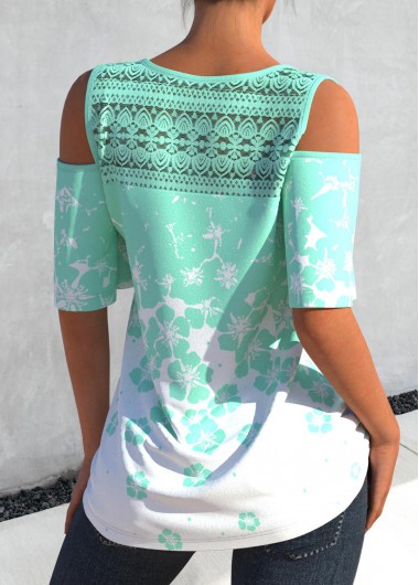 Cyan tops,Floral tops,ROTITA Lace Stitching Floral Print Cyan Ombre T Shirt