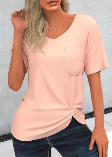 Light Pink tops,Plain Color tops,ROTITA Twist Hem Pocket Light Pink T Shirt