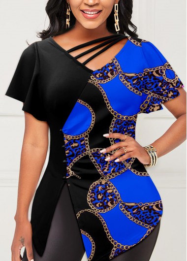 Royal Blue tops,Tribal tops,ROTITA Chain Print Asymmetric Neck Royal Blue T Shirt
