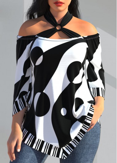 White tops,Geometric tops,ROTITA Polka Dot Striped White Cross Strap T Shirt