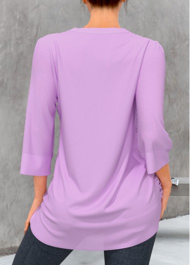 Light Purple tops,Plain Color tops,ROTITA Split Neck Light Purple Lace Stitching Blouse