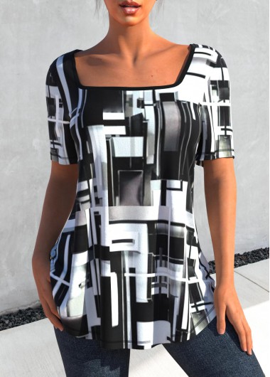 Black tops,Geometric tops,ROTITA Square Collar Black Geometric Print T Shirt