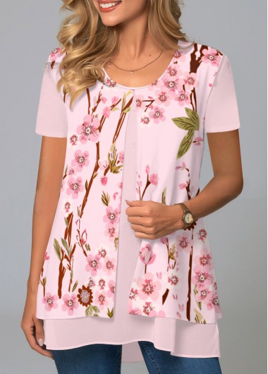 Pink tops,Floral tops,ROTITA Floral Print Short Sleeve Pink Round Neck Blouse