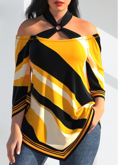 Yellow tops,Geometric tops,ROTITA Striped Asymmetric Hem Yellow T Shirt