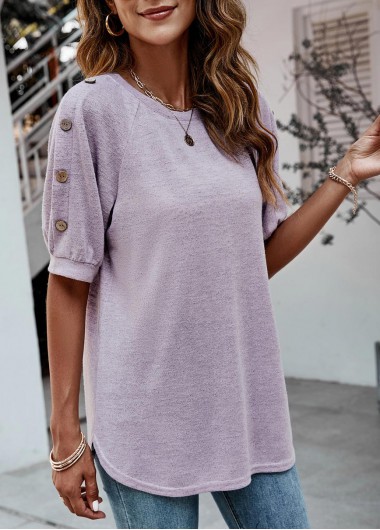 Purple tops,Plain Color tops,Decorative Button Purple Half Sleeve T Shirt