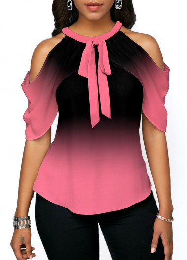 Pink tops,Ombre tops,ROTITA Pink Tie Front Halter Cold Shoulder Blouse