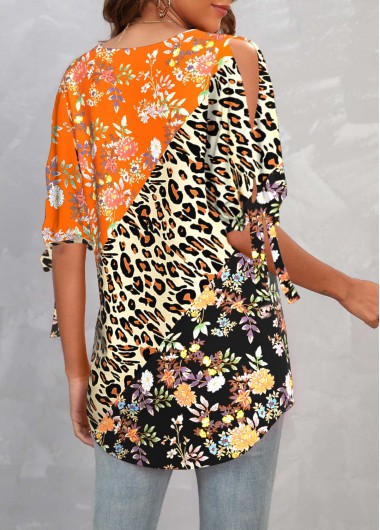 Multi Color tops,Floral tops,ROTITA Cold Shoulder Cross Strap Leopard T Shirt